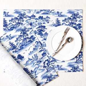 Blue Chinoiserie Placemats Set of 4 | Toile Table Mats | French Country Dining | Vintage Style Kitchen Decor