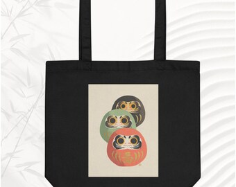 Daruma Woodblock Print Tote Bag | Japanese Washi Paper Art | Vintage Japan Style | Lucky Charm Bag | Traditional Folk Art | Eco Canvas Tote