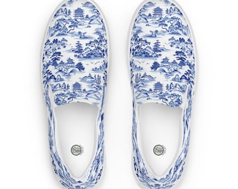 Blue and White Chinoiserie Men’s Sneakers | Toile Landscape Slip-Ons | Resort Style Canvas Shoes