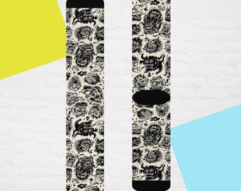 Japanese Demon Crew Socks | Black White Oni Yokai Socks | Traditional Japanese Art Socks | Anime Socks Men Women