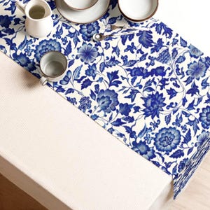 Blue Chinoiserie Table Runner | 90&quot;x16&quot; Blue White Floral Table Decor | Asian Inspired Dining Linens