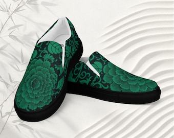 Emerald Green Brocade Slip-On Sneakers: Chinoiserie Floral Canvas Shoes