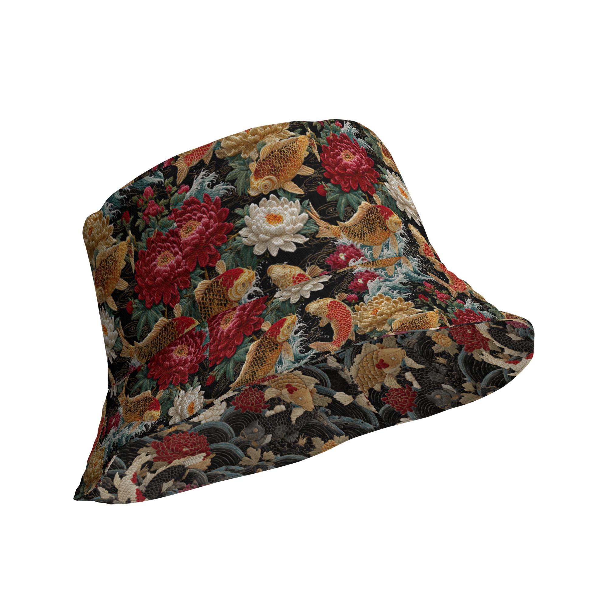 Reversible Koi Bucket Hat, Japanese Koi Fish & Floral Brocade