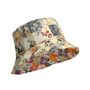 Japanese Patchwork Reversible Bucket Hat - Orange & Neutral Kimono Print - Two Looks in One Hat - Asian Streetwear Fashion