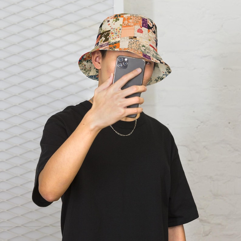 Japanese Patchwork Reversible Bucket Hat - Orange & Neutral Kimono Print - Two Looks in One Hat - Asian Streetwear Fashion image 9