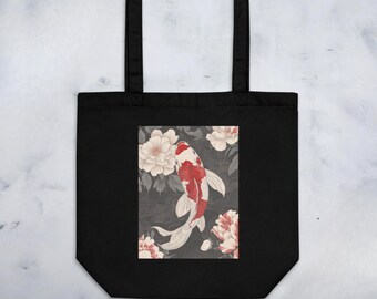 Eco-Friendly Canvas Bag with Elegant Koi Design - Japanese Koi Fish Tote Bag - Reusable Grocery Bag -Eco Tote Bag- Koi Art Print Bag