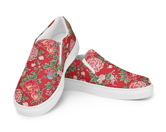 Chinese Pink and Red Peony Canvas Shoes | Women's Slip-On Sneakers | Traditional Northeastern Floral | Comfortable Walking Shoes