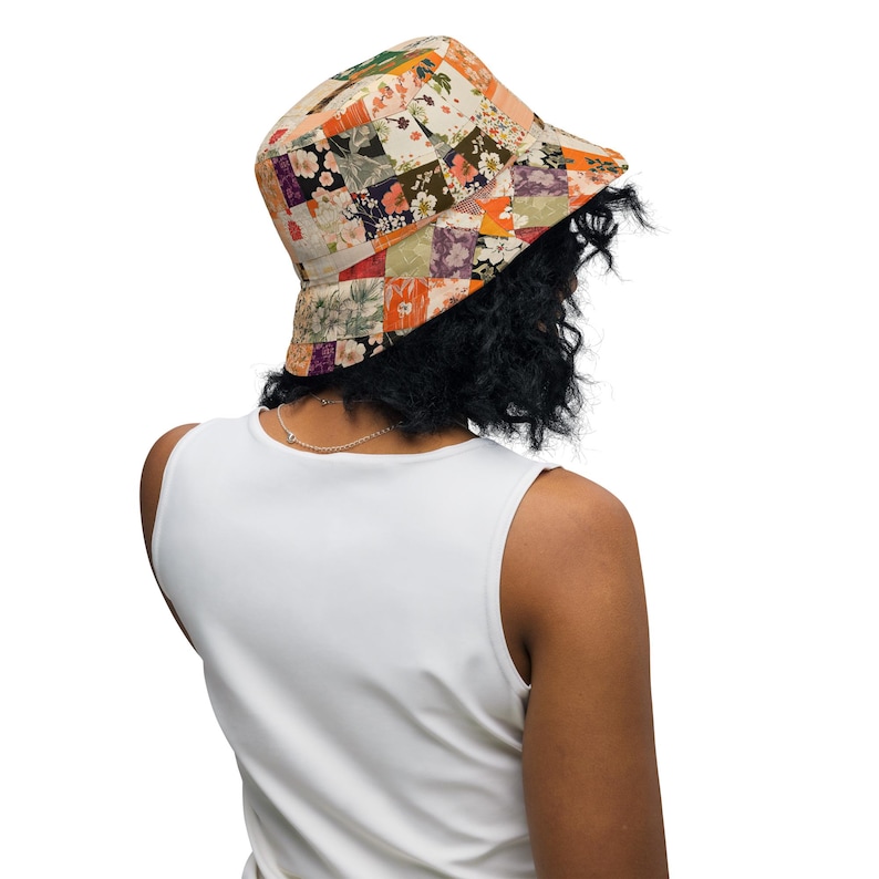 Japanese Patchwork Reversible Bucket Hat - Orange & Neutral Kimono Print - Two Looks in One Hat - Asian Streetwear Fashion