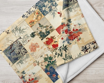 Japansk lapptäcke - Kimonotryck i neutral jordfärg - Asiatisk vintagetextil - Mjuk filt 15x20 cm - Zen Decor