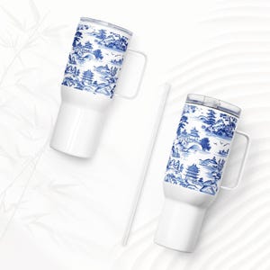 Blue Chinoiserie Travel Mug: French Country Coffee Tumbler