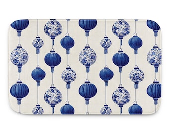 Blue Lantern Bath Mat, Blue White Bathroom Decor, Memory Foam Bath Mat, Coastal Bathroom Rug, Non Slip Bathroom Mat
