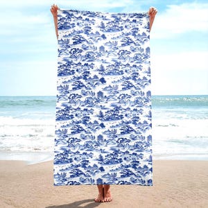 Chinoiserie Beach Towel - Blue Toile de Jouy Print - French Pattern Bath Towel - Designer Home Decor Towel 30&quot;x60&quot;