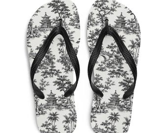 Chanclas negras con estampado chinoiserie / Sandalias con estampado de jardín asiático / Zapatos de playa veraniegos con estampado floral oscuro / Calzado para vacaciones en resort