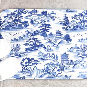 Blue Chinoiserie Bath Mat | Toile Memory Foam Bathroom Rug | French Country Decor | Non-Slip Vintage Style Home Decor