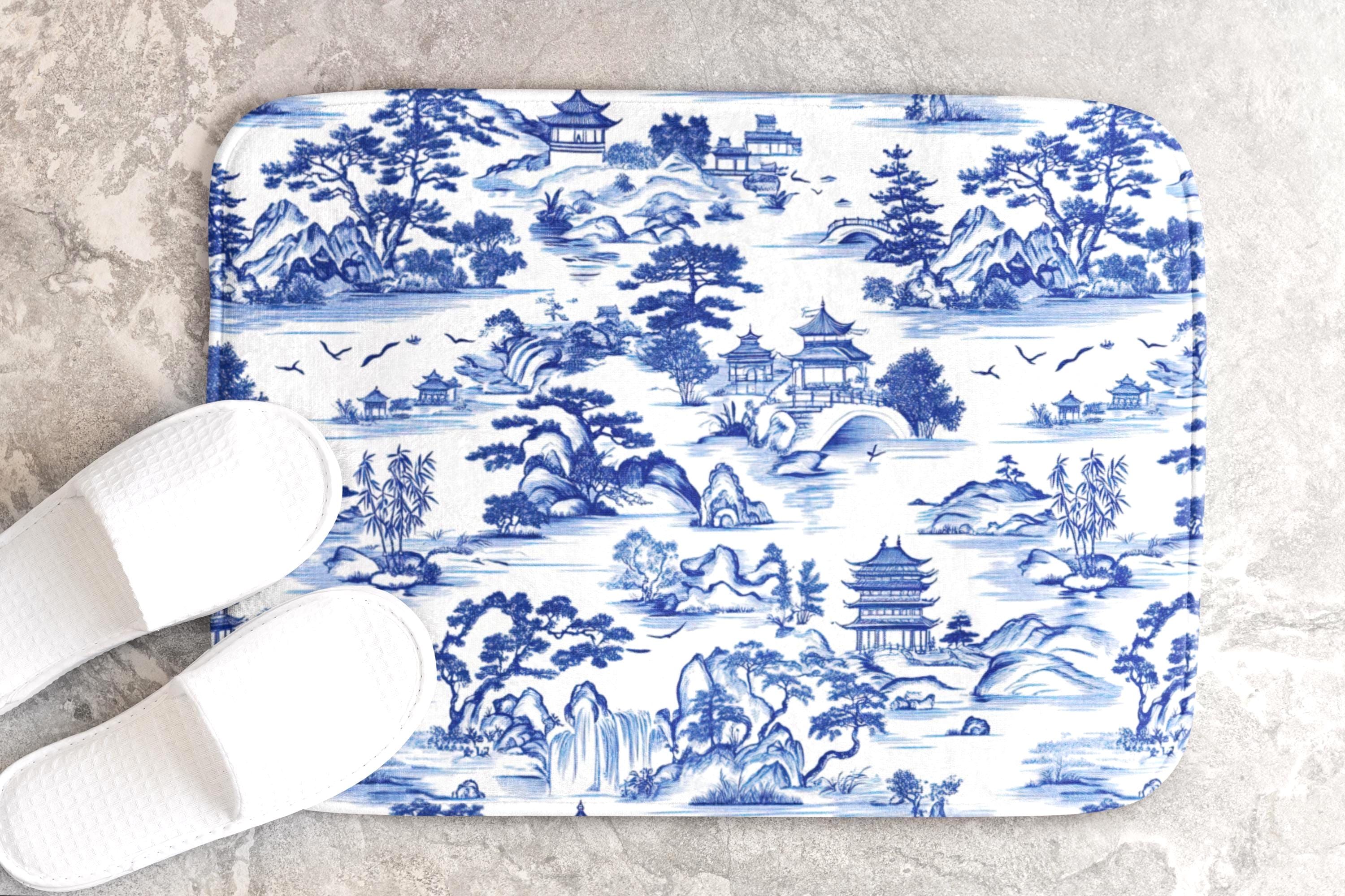 Blue Chinoiserie Bath Mat Toile Memory Foam Bathroom Rug French Country Decor Non-Slip Vintage Style Home Decor