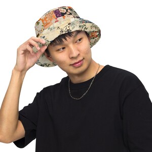 Japanese Patchwork Reversible Bucket Hat - Orange & Neutral Kimono Print - Two Looks in One Hat - Asian Streetwear Fashion image 8