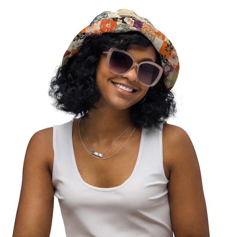 Japanese Patchwork Reversible Bucket Hat - Orange & Neutral Kimono Print - Two Looks in One Hat - Asian Streetwear Fashion image 7