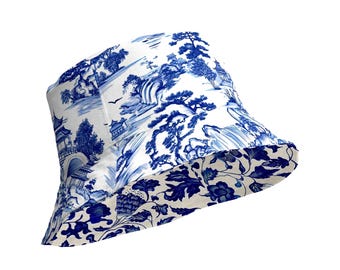 Blue Chinoiserie Bucket Hat | Toile Reversible Sun Hat | French Country Fashion | Vintage Style Summer Hat