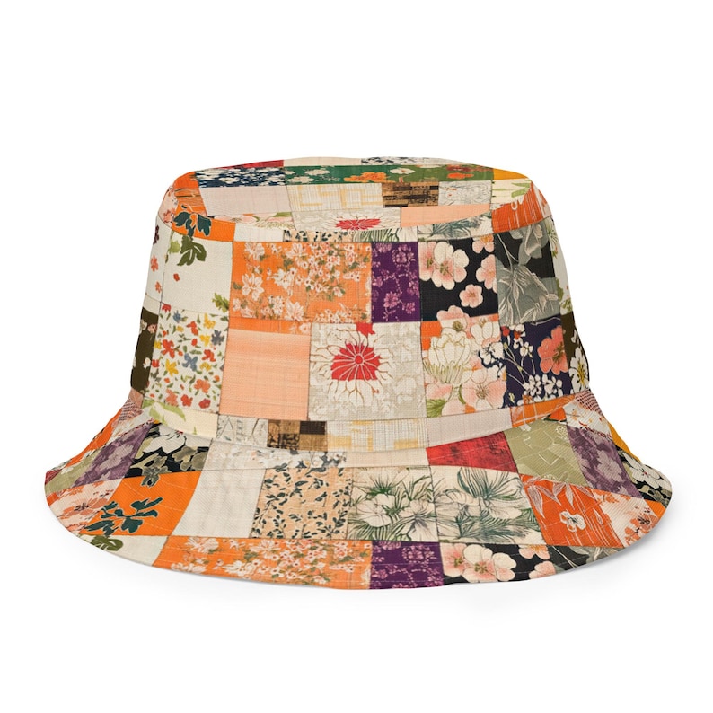 Japanese Patchwork Reversible Bucket Hat - Orange & Neutral Kimono Print - Two Looks in One Hat - Asian Streetwear Fashion