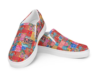 Chinese Peony Patchwork Canvas Shoes | Women's Slip-On Sneakers | Traditional Northeastern Floral | Comfortable Walking Shoes