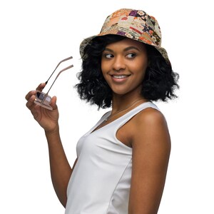 Japanese Patchwork Reversible Bucket Hat - Orange & Neutral Kimono Print - Two Looks in One Hat - Asian Streetwear Fashion