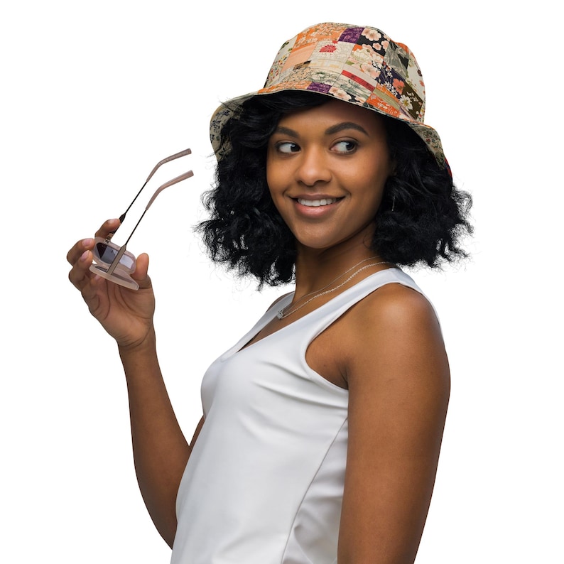Japanese Patchwork Reversible Bucket Hat - Orange & Neutral Kimono Print - Two Looks in One Hat - Asian Streetwear Fashion