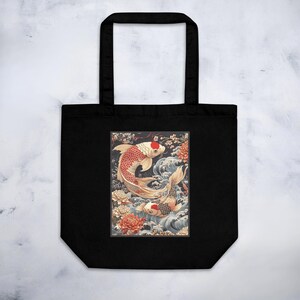 Eco-Friendly Canvas Bag with Elegant Koi Design - Japanese Koi Fish Tote Bag - Reusable Grocery Bag -Eco Tote Bag- Koi Art Print Bag