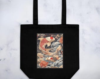 Tote Bag with Japanese Koi Fish - Eco-Friendly Canvas Bag with Elegant Koi Design - Reusable Grocery Bag- Eco Tote Bag - Koi Art Print Bag