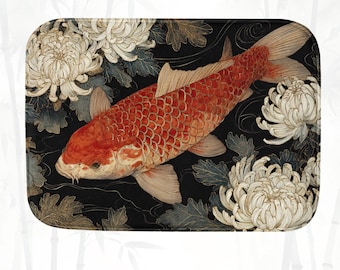 Dark Koi Fish Bath Mat | Japanese-Inspired Floral Bathroom Decor | Memory Foam Non-Slip Mat | Dark Maximalist Spa Style Home Accent