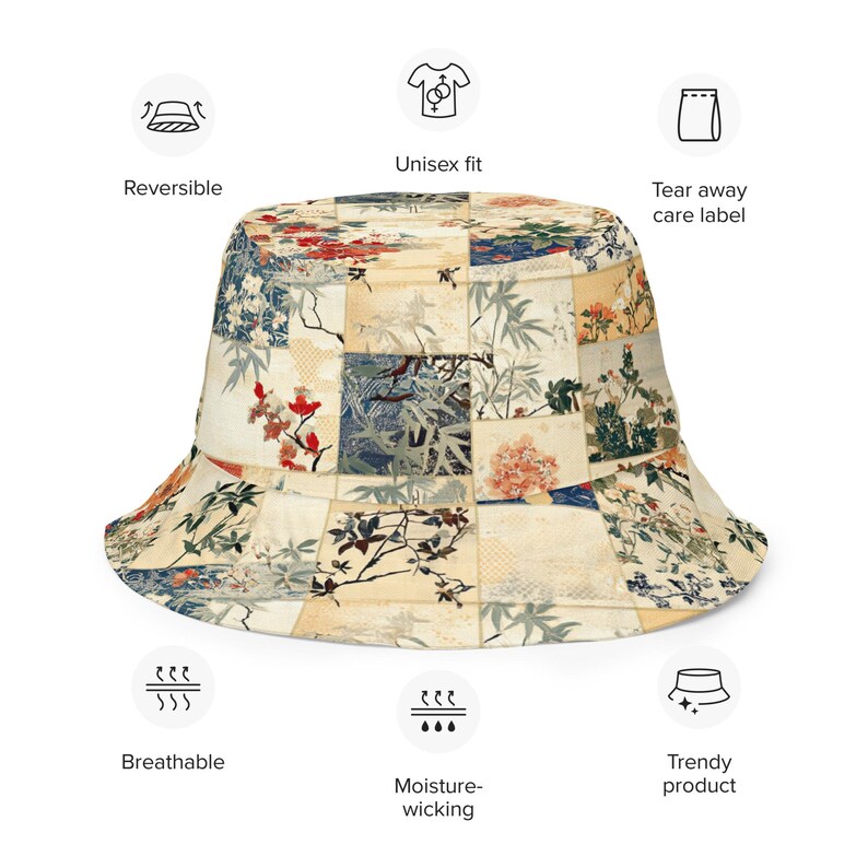 Japanese Patchwork Reversible Bucket Hat - Orange & Neutral Kimono Print - Two Looks in One Hat - Asian Streetwear Fashion