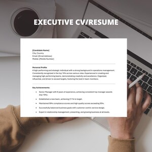 May include: A resume on a laptop computer with a pencil resting on the keyboard. The resume highlights the candidate's experience as a Senior Manager, achieving consistent top manager awards and establishing a new team. The resume also mentions maintaining 99% compliance scores and high quality scores exceeding 95%.