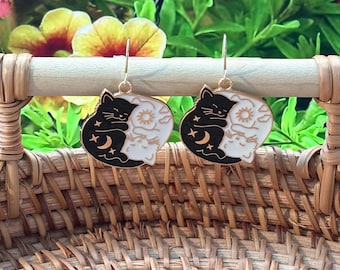 Hypoallergenic Earrings, Black Cat, White Cat, Moon, Sun, Yin Yang, Birthday Gift, Christmas Gift, Gifts for Her, Handmade Jewelry, Gifts