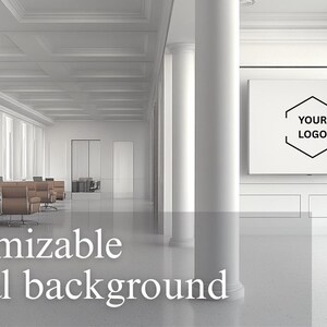 May include: A bright, spacious office interior with white walls, columns, and a polished floor. The image features a large screen with a logo placeholder and the text "customizable virtual background". Brown chairs and tables are arranged in the room.
