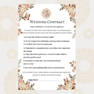 May include: Wedding contract with floral decorations and the initials "A B". The document lists terms for the groom to accept, including always agreeing with the bride and taking her on holiday. The text is in a decorative font.