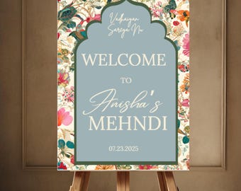 Editable Mughal Motif Mehndi Welcome Sign, Jagoo/ Sangeet, Dholki, Haldi Welcome sign, Indian Wedding Sign, Digital Download