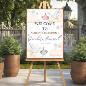 Editable Neutral Gender Reveal Welcome sign, Aesthetic Welcome Sign, Boy or girl, Clouds Boho & Bear Stork  Design, Editable Template