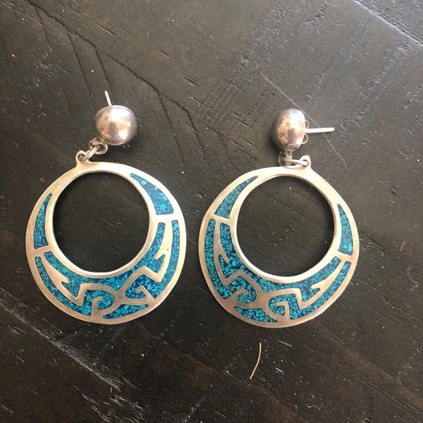 TAXCO Turquoise Inlay MEXICAN Hoop Earrings, Circa 1980