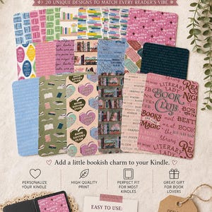 May include: A collection of Kindle inserts with various designs, including book stacks, hearts, and text. The inserts are designed to personalize your Kindle and are easy to use. The image also includes the text "Kindle Inserts" and "Read more. Love more. Be you."