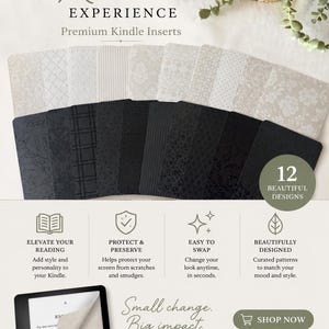 May include: A selection of 12 Kindle inserts with various patterns in black, white, and beige. The inserts are designed to elevate the reading experience and protect the screen. Text on the image reads "Elevate Your Kindle Experience."