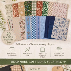 May include: Kindle inserts with various patterns, including floral, gingham, and rooster designs. The text reads "Make your Kindle truly yours." and "20 Beautiful Designs!" The inserts are designed to personalize your Kindle and are a great gift for book lovers.
