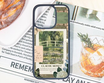 May include: A navy blue phone case with a collage design. It features a Claude Monet painting of a bridge over water lilies, text, and butterfly graphics. The case has a dark blue border.