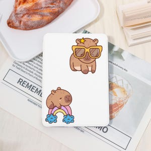May include: A white rectangular item featuring two cartoon capybaras. One capybara wears sunglasses and a star, the other sits on a rainbow. The item is on a newspaper with the word "REMEMBER" visible.