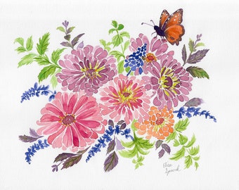 Flower Painting | "Farmstand Flowers" | Original Watercolor Art | 8.5 x 11" | Pink Zinnias & Orange Butterfly | Gift Idea