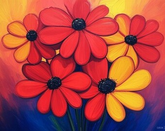 Peut inclure: Une peinture représentant un bouquet de fleurs rouges et jaunes sur un fond bleu et violet. Les fleurs sont stylisées et ont un aspect cartoon.