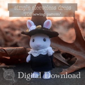 May include: A white rabbit figurine wearing a black sleeveless dress, a white crocheted collar, and a brown witch hat with a yellow ribbon. The text "simple sleeveless dress *PDF sewing pattern*" and "Digital Download" are visible.