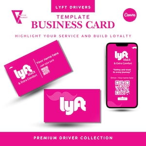 Può includere: Un modello di biglietto da visita rosa per gli autisti Lyft. La carta presenta il logo Lyft, il testo "Lyft Black & Extra Comfort" e un codice QR. È incluso anche il testo "Sicurezza e fiducia in ogni viaggio". La carta è progettata per essere utilizzata dagli autisti Lyft per promuovere i propri servizi.
