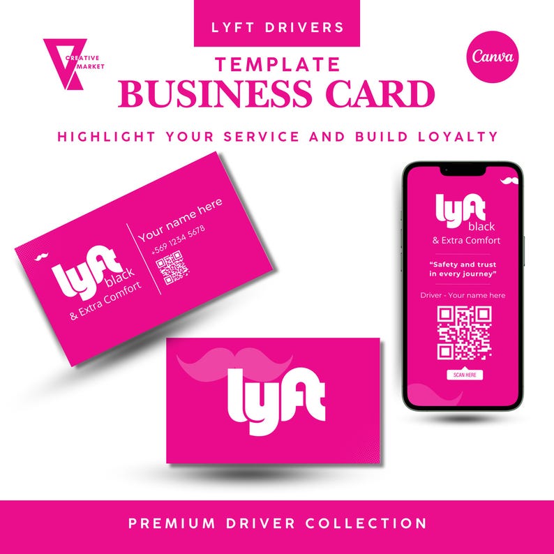 May include: A pink business card template for Lyft drivers. The card features the Lyft logo, the text "Lyft Black & Extra Comfort", and a QR code. The text "Safety and trust in every journey" is also included. The card is designed to be used by Lyft drivers to promote their services.
