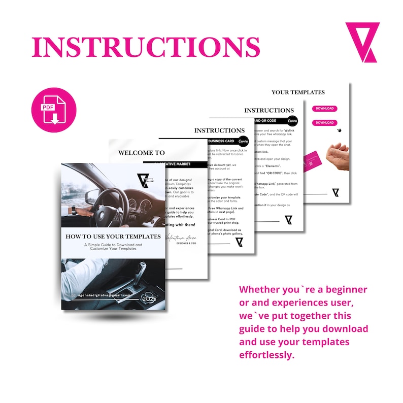May include: A pink and white graphic design template with the text "INSTRUCTIONS" in a large, bold font. The image also includes a smaller graphic of a car and the text "HOW TO USE YOUR TEMPLATES" in a smaller font. The image is designed to help users understand how to download and customize their templates.