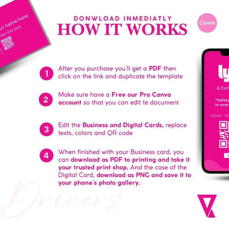 May include: Pink and white graphic with the text "DONWLOAD INMEDIATLY HOW IT WORKS" and four numbered steps on how to download and edit a digital business card template. The steps include purchasing a PDF, editing the template in Canva, downloading the business card as a PDF, and downloading the digital card as a PNG.