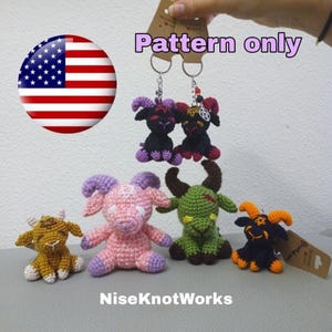 May include: A collection of handmade crochet goat figurines in various colors, including black, pink, green, and gold. Some are keychains. The text "Pattern only" and "NiseKnotWorks" are visible.